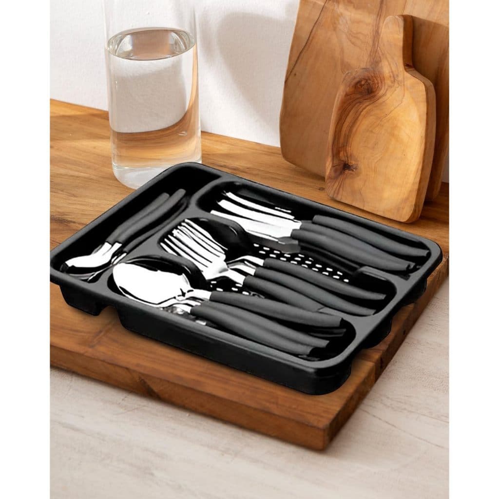 Jogo de Talheres 17 Peças Aço Inox + Suporte Porta Talher Jantar Preto Vermelho Garfo Faca Colher