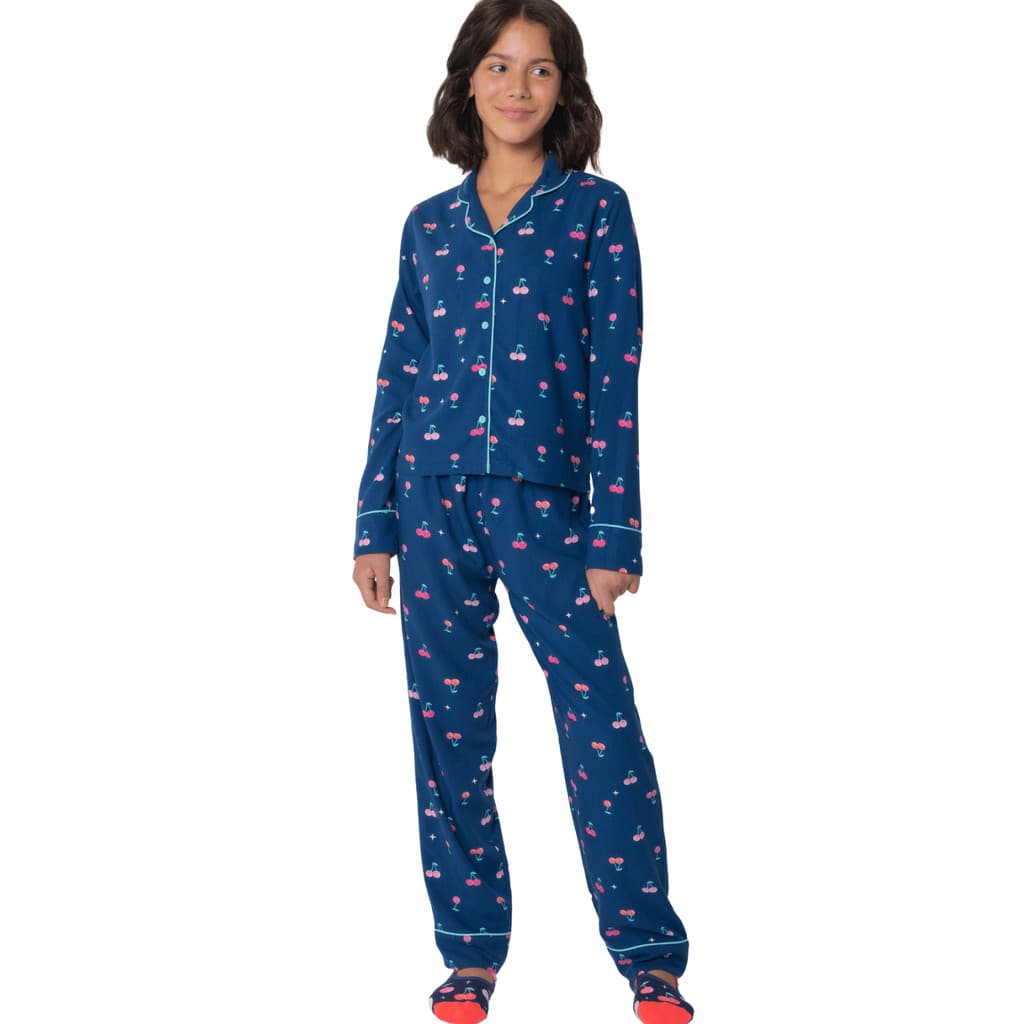 Pijama Teen Feminino Viscose Cerejas Azul Escuro Manga Longa Confortável Original Puket Juvenil