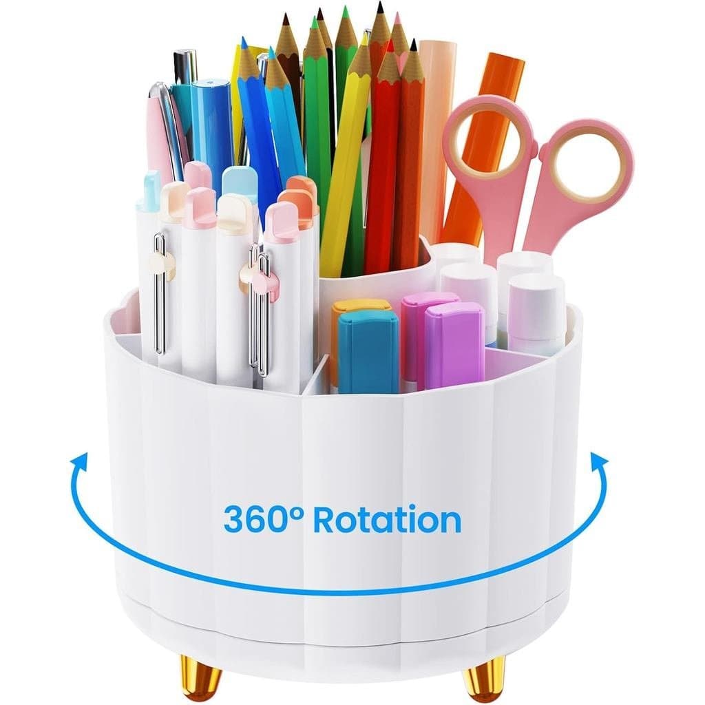 Suporte Giratório 360° para Lápis e Canetas de Mesa, Organizador de Canetas Branco com 6 Compartimentos, Acessórios de E