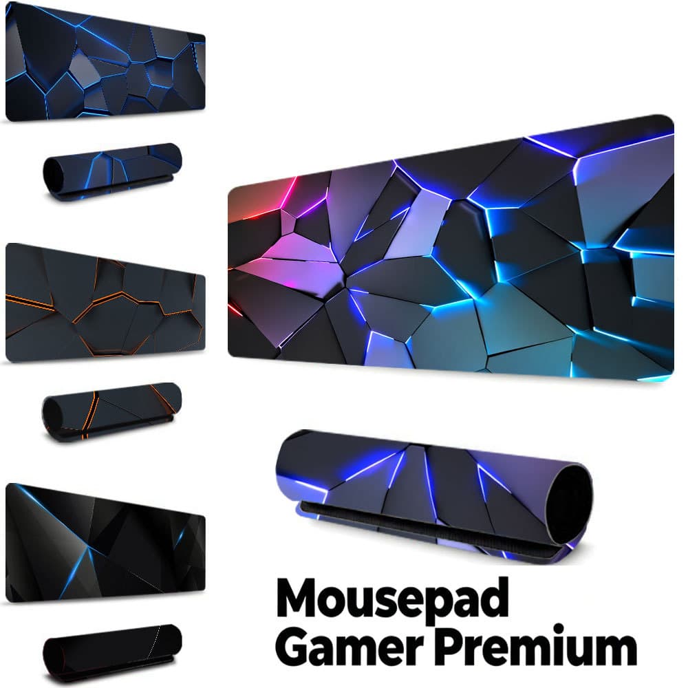 Tapete Gamer Geométrico Neon RGB, borda costurada, base borracha antiderrapante, à prova d'água para e-sport