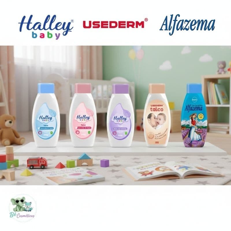 Kit 5 Talcos - 3 Halley Baby Azul, Rosa e Roxo Hora do Soninho, 1 Usederme e 1 Halley Alfazema