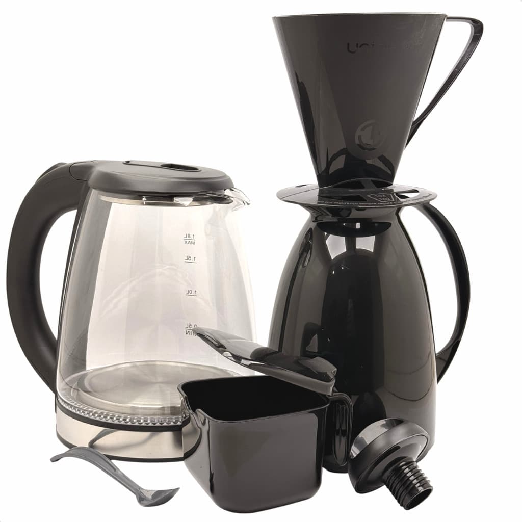 Kit Café Prático Chaleira Bule Jarra Elétrica Vidro 1,8 Litros + Garrafa Térmica Filtro Coador Açucareiro Preto