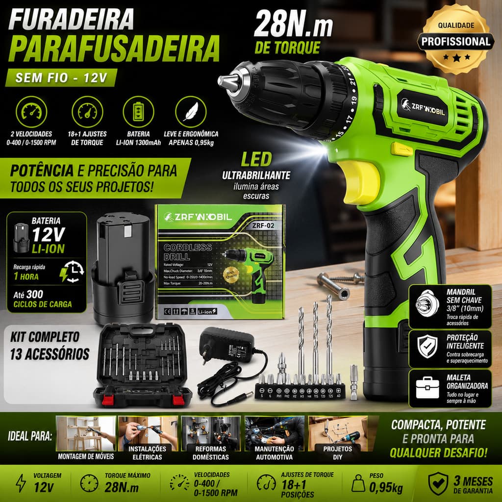 Furadeira Parafusadeira 12V Sem Fio 28N.m Bateria Recarregável 1300mAh LED 2 Velocidades 3/8" Kit Completo para Casa Ofi