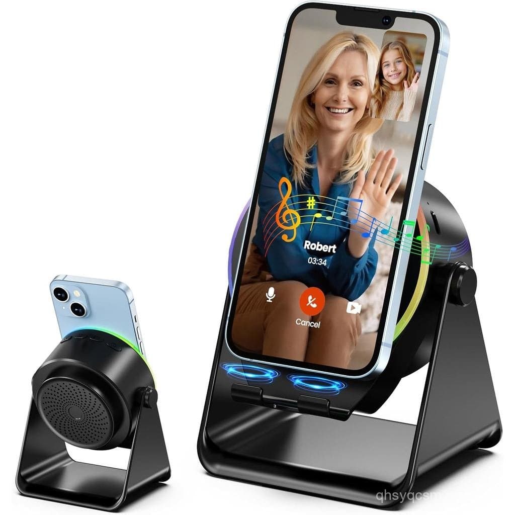 Caixa de Som por Indução Sem Fio, Suporte para Telefone com Amplificador de Som Bluetooth, Som Estéreo, Luz Ambiente RGB