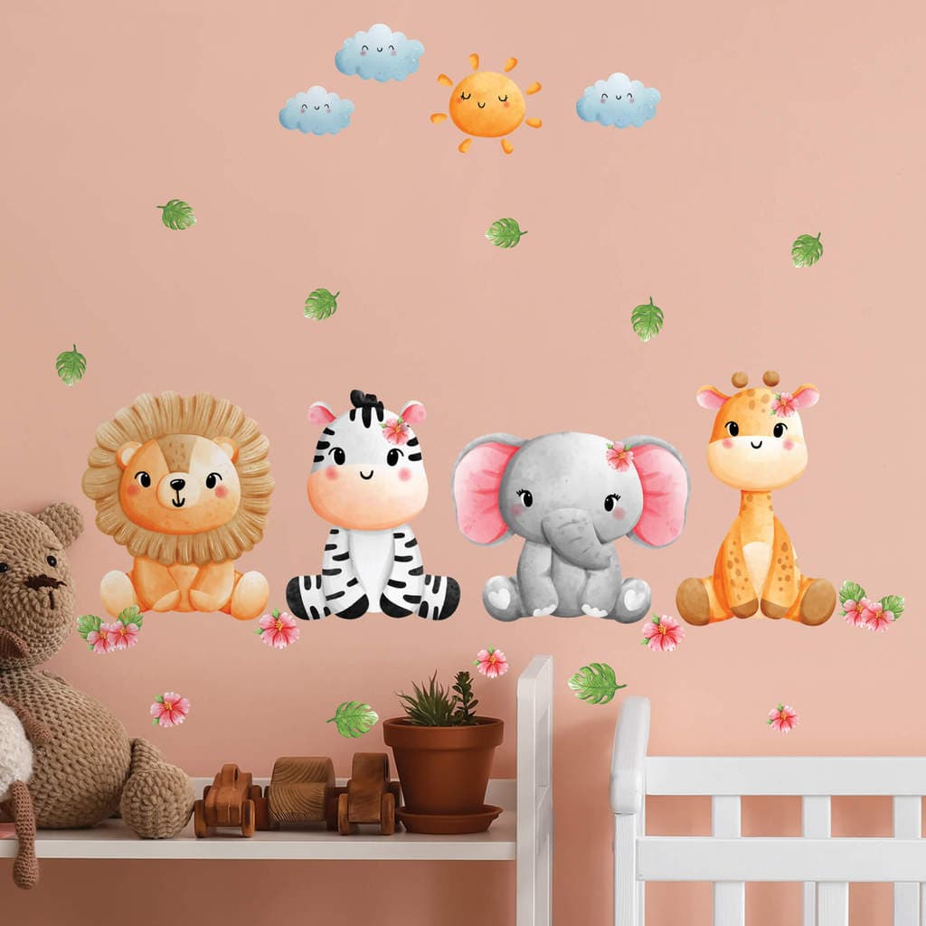 Adesivo de Parede Infantil Animais Safari Aquarela Menina