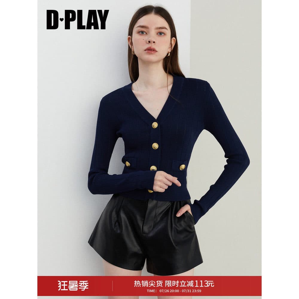 DPLAY [Huipin] Suéter azul marinho feminino 2026 outono francês Slim fit elegante malha Top