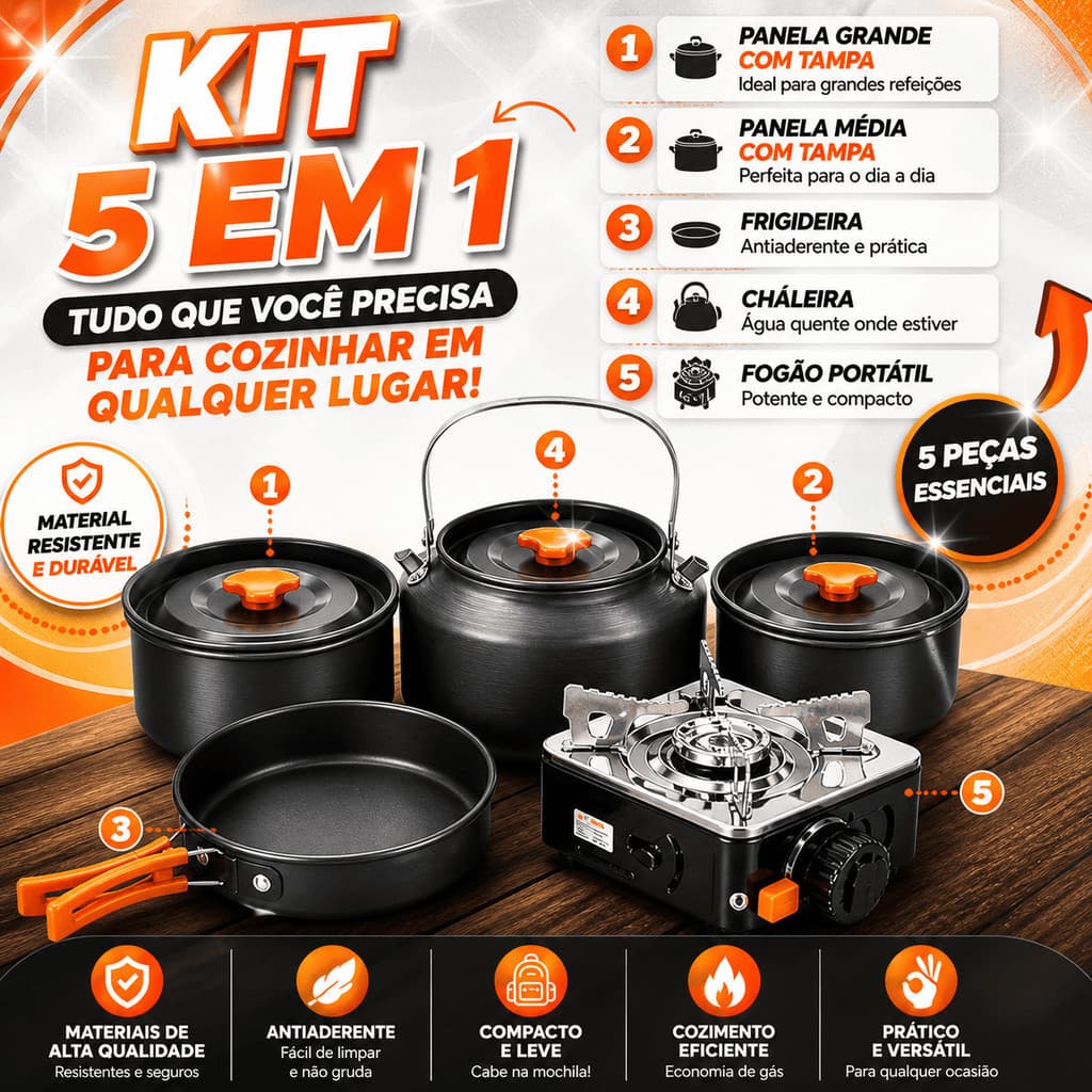 Kit De 5 Peças Cozinha Portátil Para Acampamento Com Fogão Portátil Panela Grande Média Chaleira E Frigideira
