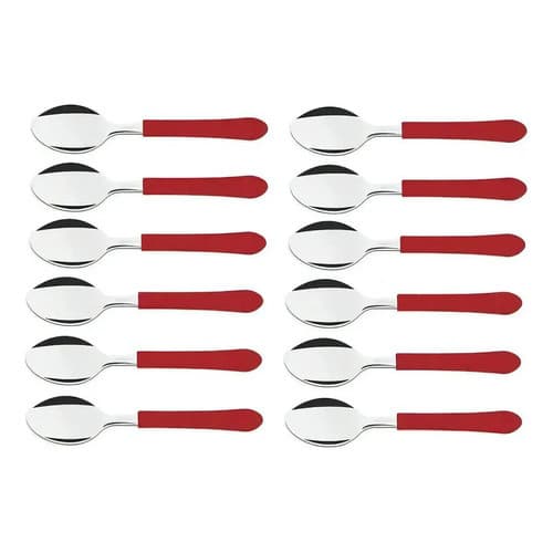 Jogo 12 Colheres De Mesa Conjunto Aço Inox Tramontina Cabo Vermelho