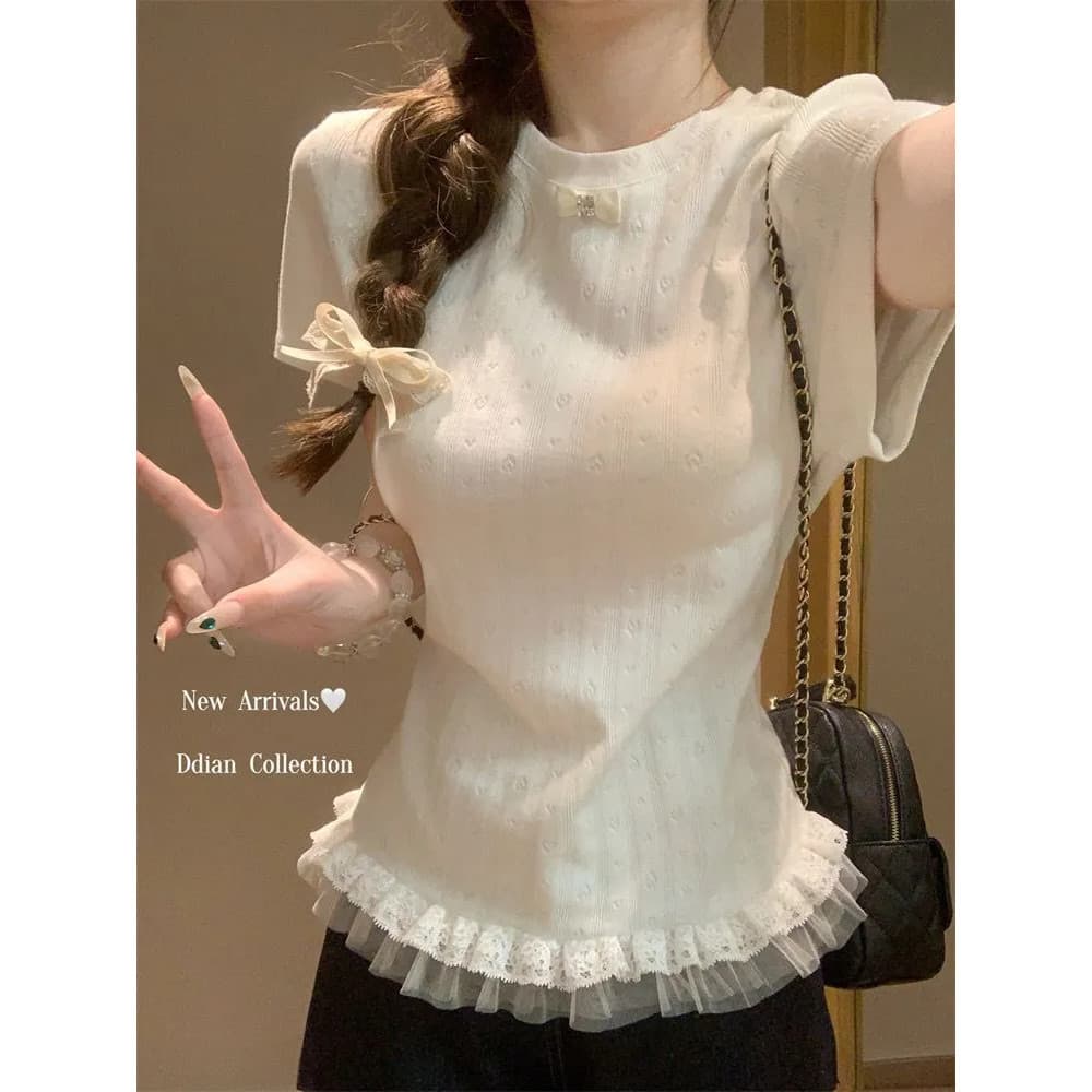 Renda costura frente ombro manga curta camiseta feminina verão doce menina All-Match magro-ajuste mais magro olhar topo