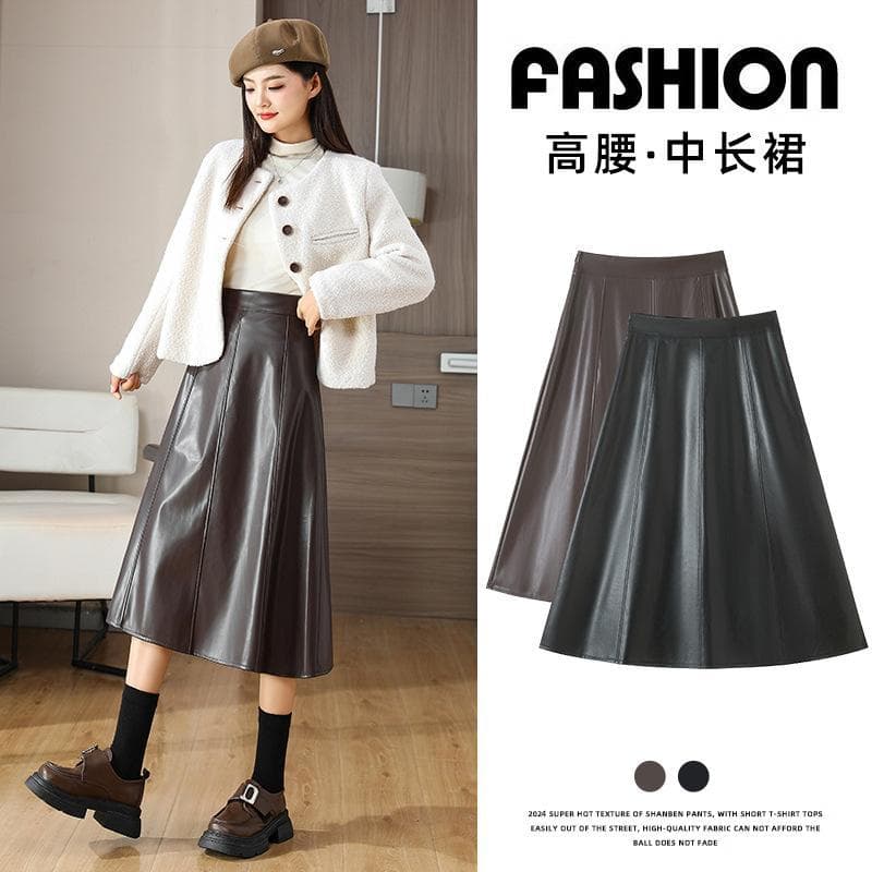 Francês Retro Hepburn estilo senhoras saia guarda-chuva de couro descartável, outono inverno Commuter comprimento médio