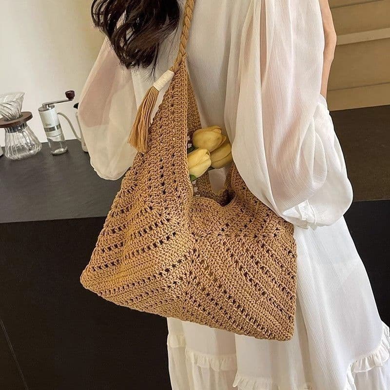 [XKB] Bolsa de ombro tecida à mão de grande capacidade, bolsa triangular oca, bolsa de ombro para viagem, bolsa de praia