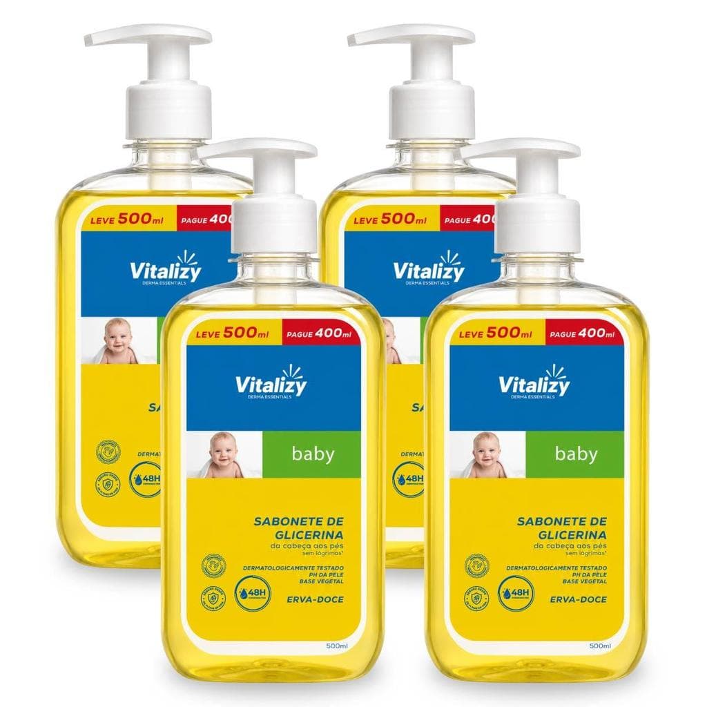 Kit 4x500ml Sabonete Líquido Bebê Glicerina Sem Lágrimas Erva-Doce Dermatologicamente Testado Base Vegetal Vitalizy