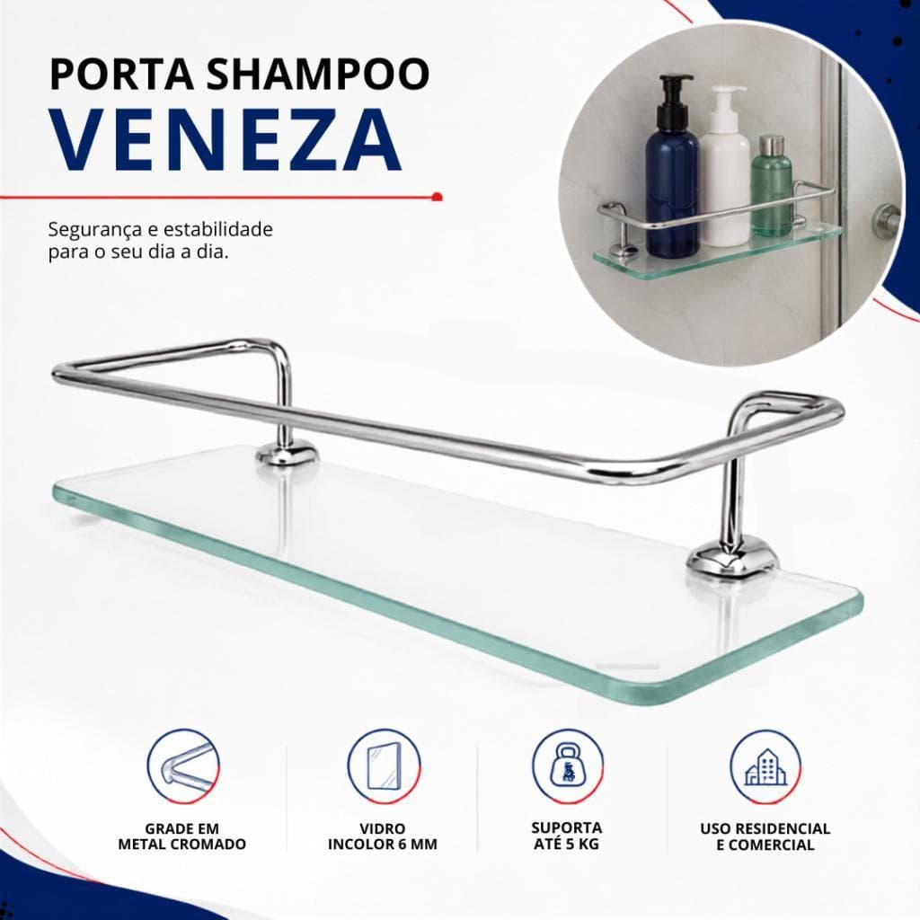 Porta Shampoo Reto 30cm Vidro e Suporte Fixação Dupla Prateleira De parede com Haste em Metal