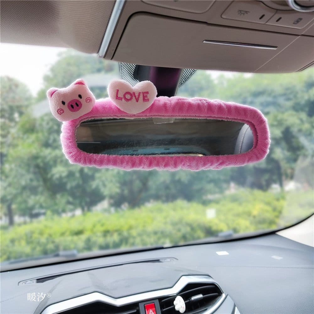 Capa Decorativa para Retrovisor de Carro com Padrão de Coração de Porquinho e Cachorrinho - Decoração Universal Unissex