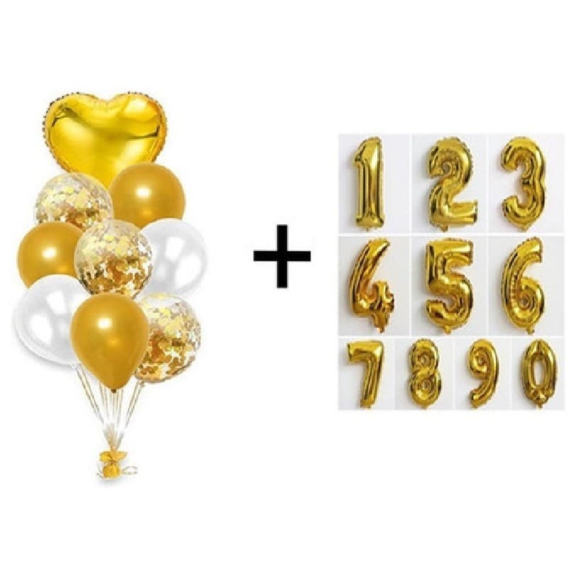 Kit Buque Balões Festa Dourado C/9 Coração e Bexigas + 2 Balão Metalizado Número 40cm Dourado Idade - MPFestaecia