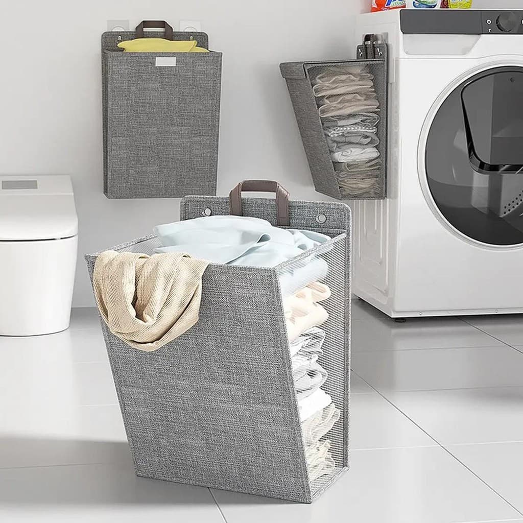 Cesto de Roupa Suja Dobrável Retrátil Suspenso para Parede Banheiro Lavanderia Multiuso