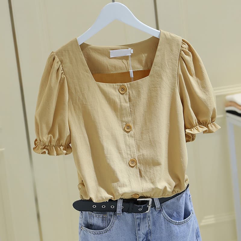 Camiseta feminina de manga bufante com gola quadrada e manga curta