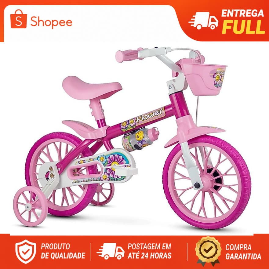 BICICLETA INFANTIL NATHOR FLOWER ARO 12 ROSA COM RODINHAS FEMININA