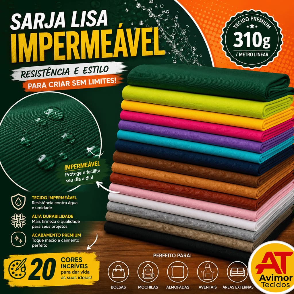Tecido Sarja Impermeável Lisa para Bolsa Costura Mochila Mesa 100% Algodão Resistente 0,50x1,50mts