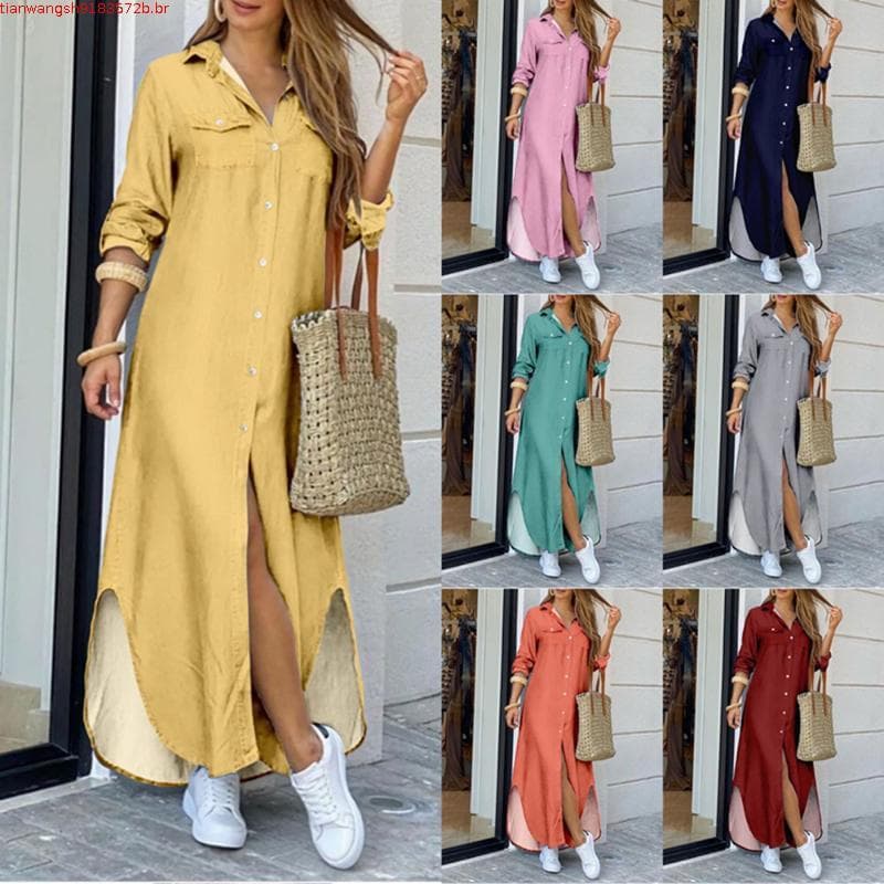 Vestido longo casual soltinho feminino com lapela estampada manga longa