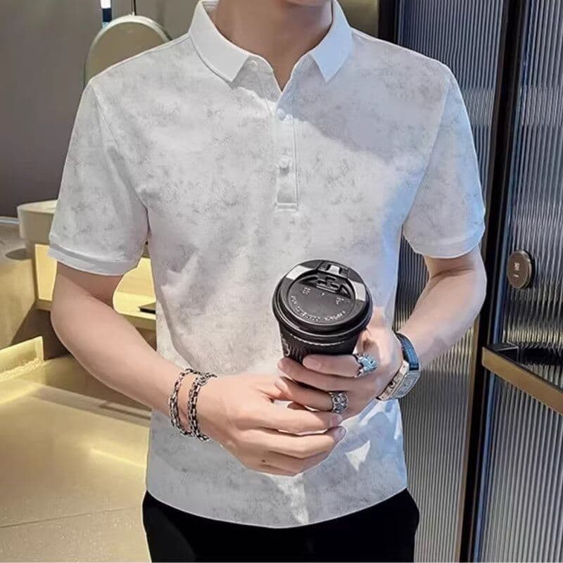 Verão Tie-Dye lapela ombro genuíno manga curta camiseta masculina High-End novo estilo camisa polo Casual versão coreana