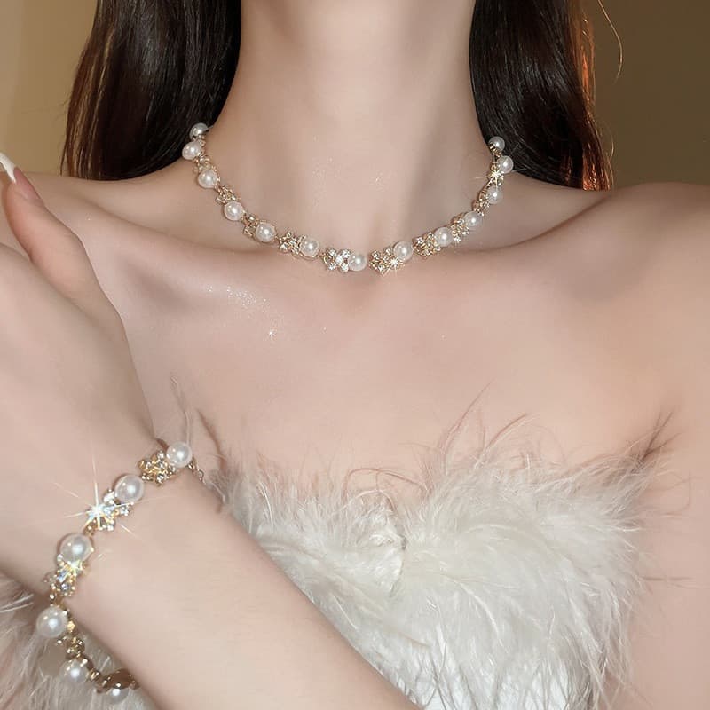 Brincos, Pulseira e Colar de Pérolas com Diamantes Redondos em Forma de Flor, Joias de Alta Qualidade ICTL