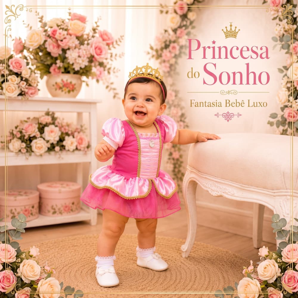 Fantasia Bebê Princesa Rosa Bebê Luxo Festa Especial Baby