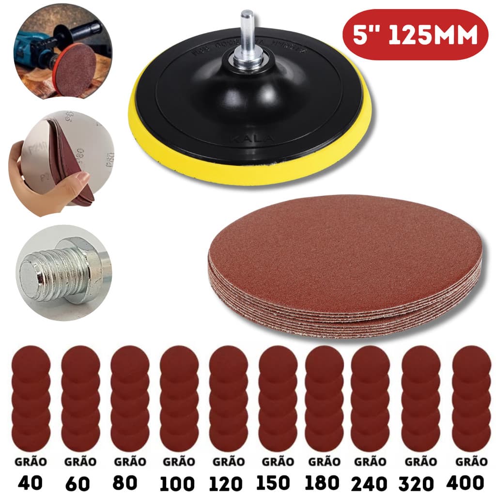 Suporte De Lixa De Velcro 125mm + 10 Disco De Lixa + Adaptador Para Uso Em Parafusadeira E Furadeira
