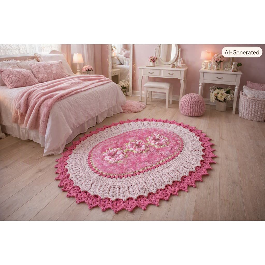 Tapete crochê Artesanal Branco Flor rosa 95X65 quarto sala