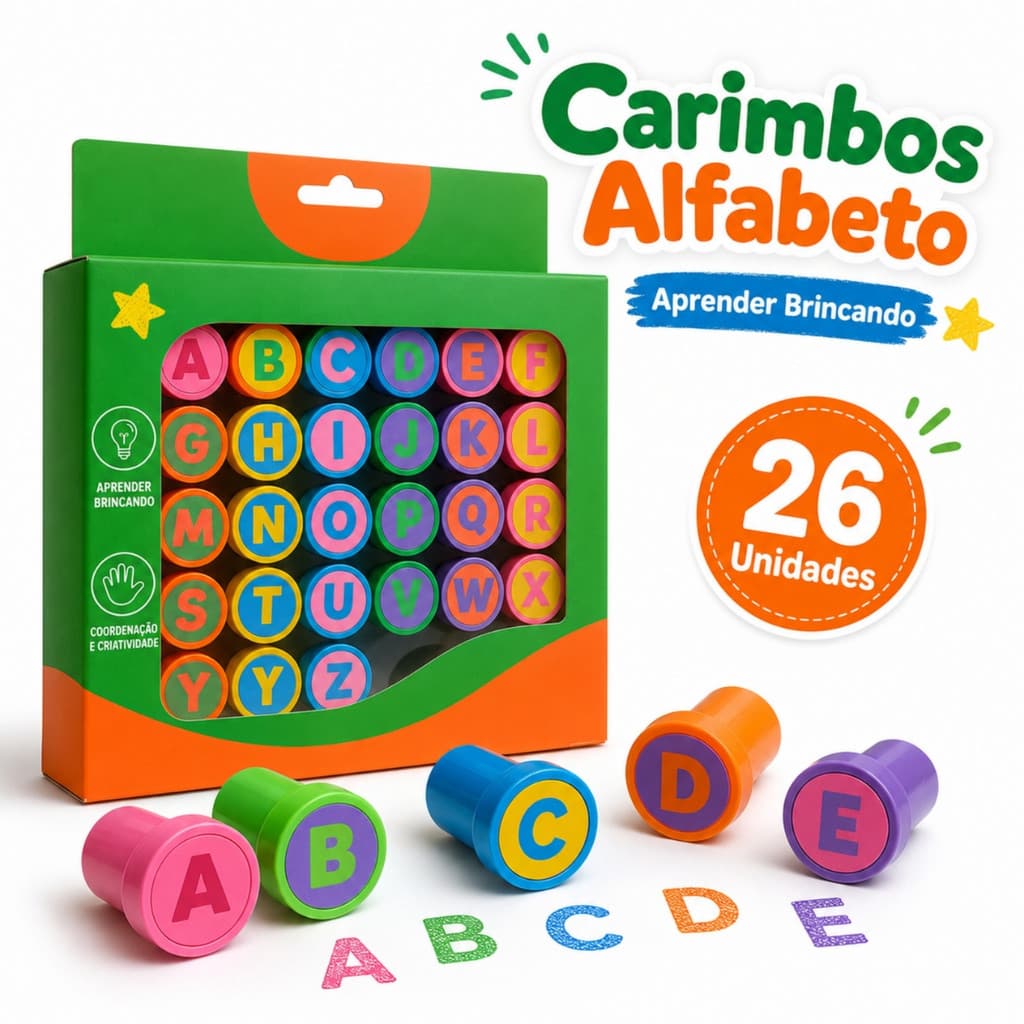 Kit 26 Carimbos Alfabeto Infantil Letras Educativas Alfabetização Escolar Professor Brinquedo