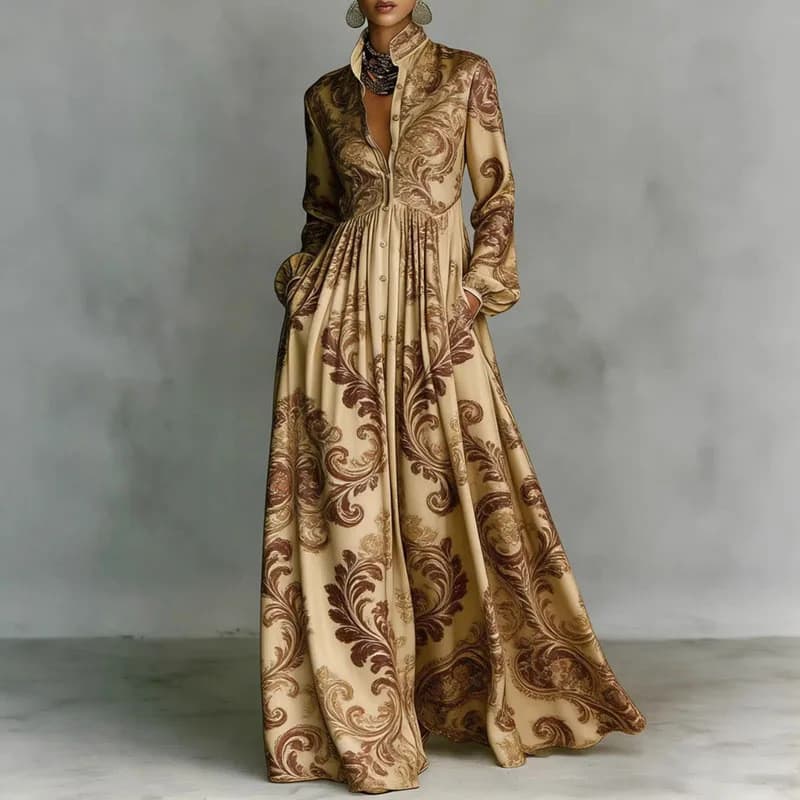 2026 Europeu Americano Feminino Francês Luz Vestido de Luxo Elegante Casual Solto Vestido Impresso Flor Vestido Longo