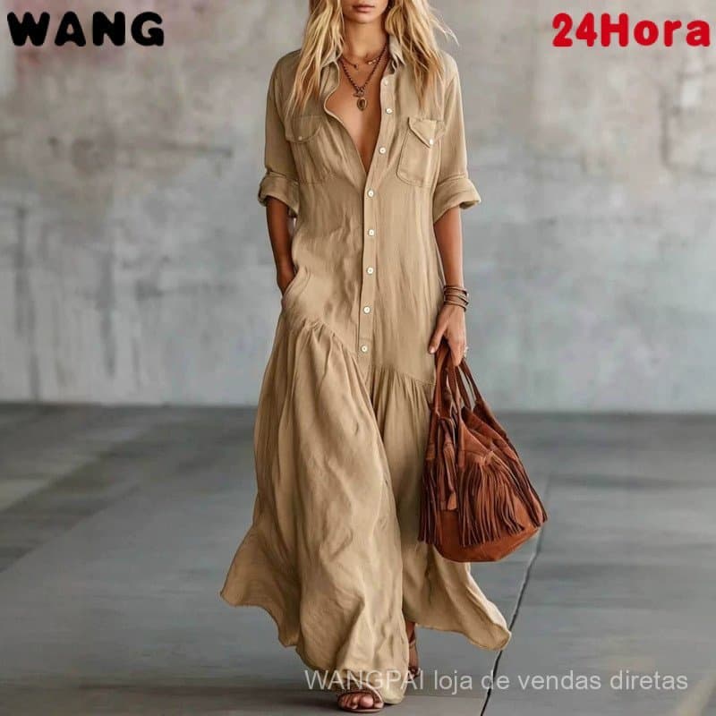 Camisa Feminina de Manga Longa com Botões e Corte Solto, Vestido Longo Irregular