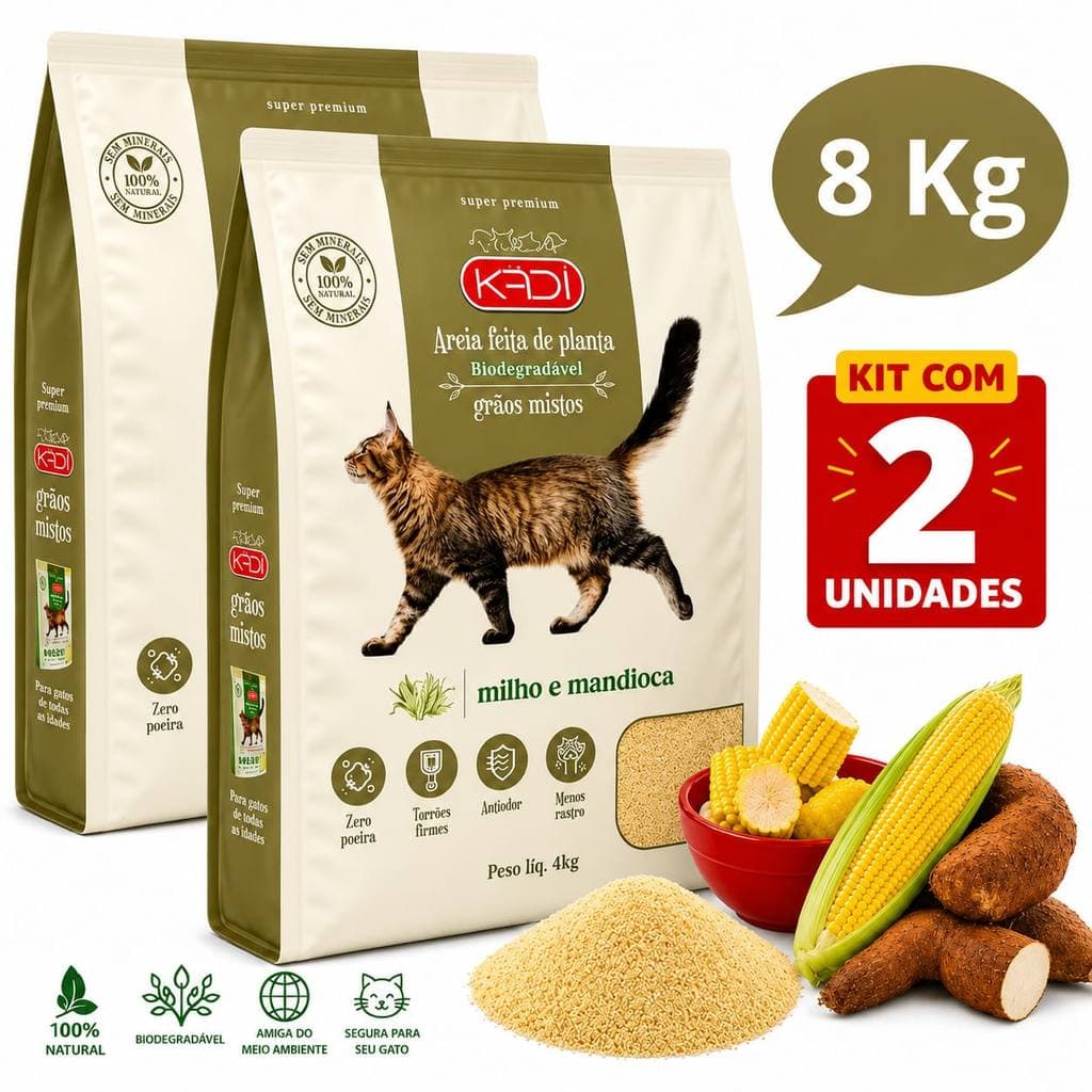 Kit 2 Areia Kadi De 4 Kg Grãos Mistos Milho Mandioca Biodegradáveis Para Gatos