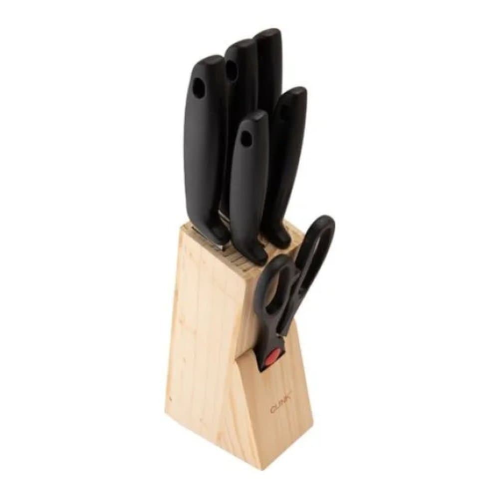 Jogo de Facas 7 Peças Clink com Suporte de Madeira Tesoura Aço Inox 3CR13 Kit Facas Profissionais para Cozinha