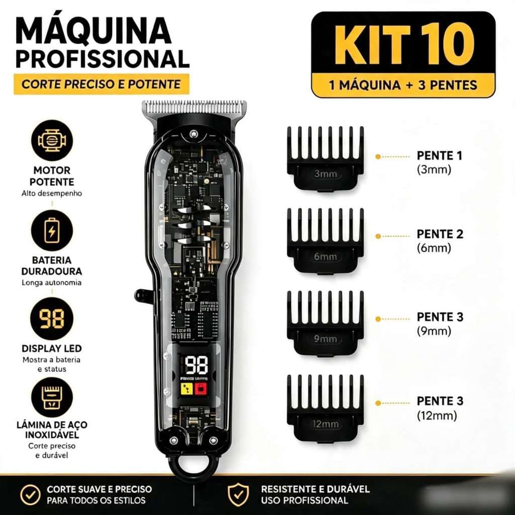 Kit4 ou 10Máquina De Cortar Cabelo Profissional Smart Lcd Barbeador Elétrico Transparente Sem Fio Para Homens(cor preto)