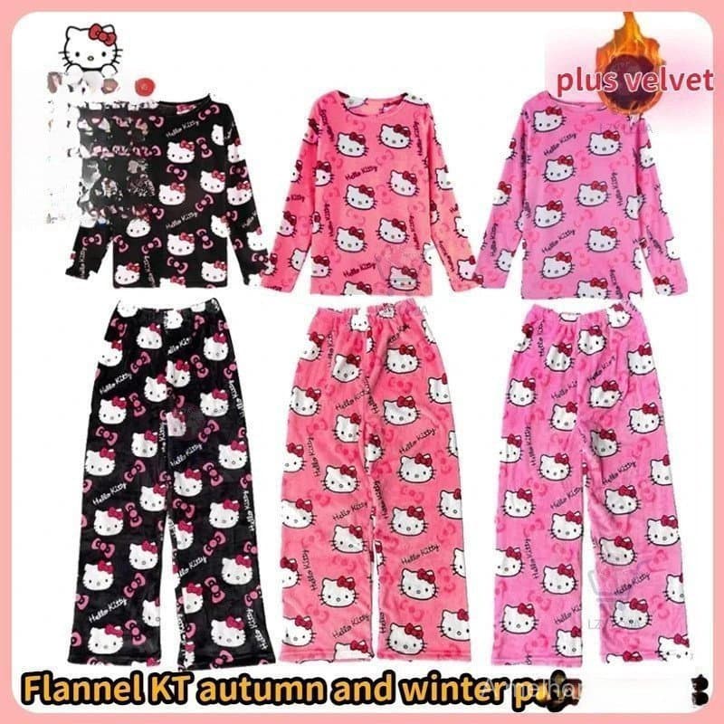 Pijama de Flanela Sanrio Hello Kitty 2025 para Mulheres, Conjunto Quente Casual para Casa, Calças de Manga Longa de Inve