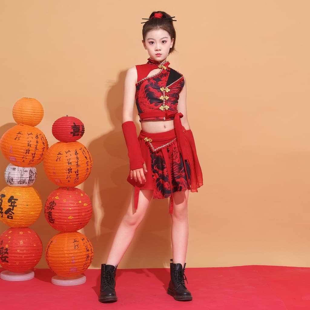 Meninas estilo chinês trajes de dança Jazz dia de ano novo dança de rua nacional na moda trajes de dança crianças modelo