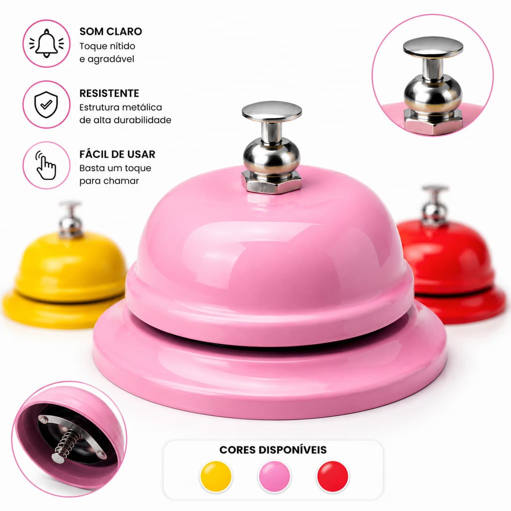 Campainha de Mesa Call Bell Atendimento Restaurante Recepção Balcão Sino Escritório Amarela ou Rosa