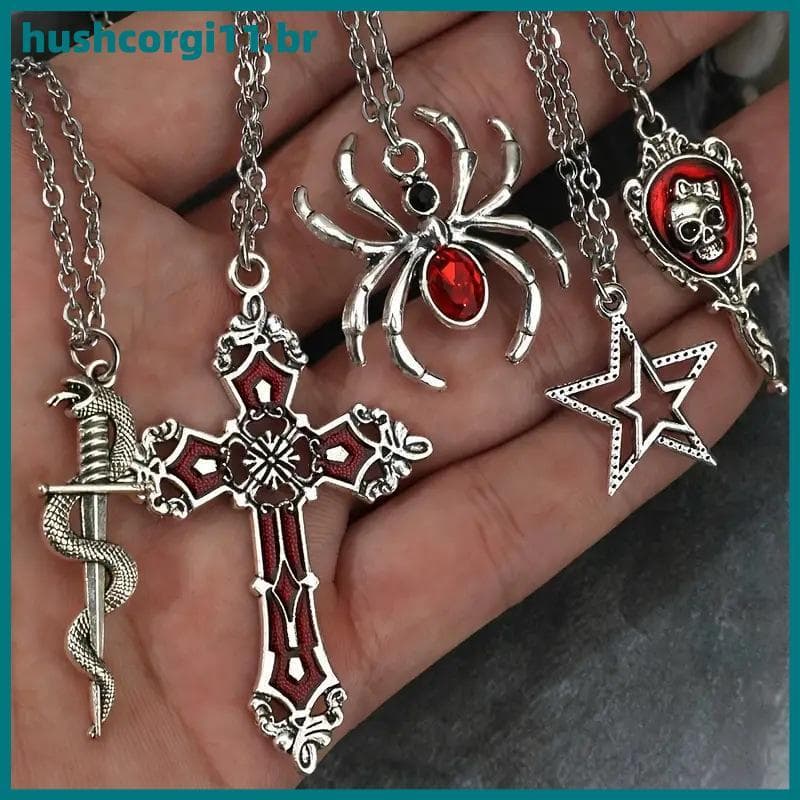 Conjunto De Colar Gótico HUSH Para Mulheres 5 Peças Coração Morcego Aranha Cruz Pingente Joias De Halloween BR