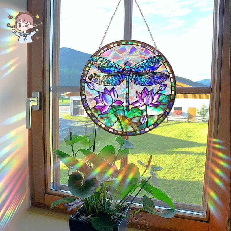 Coletor De Sol Acrílico De Vitral De Lótus Libélula , Ornamento De Suspensão De Janela Floral Redondo De 20 Cm Com Corre