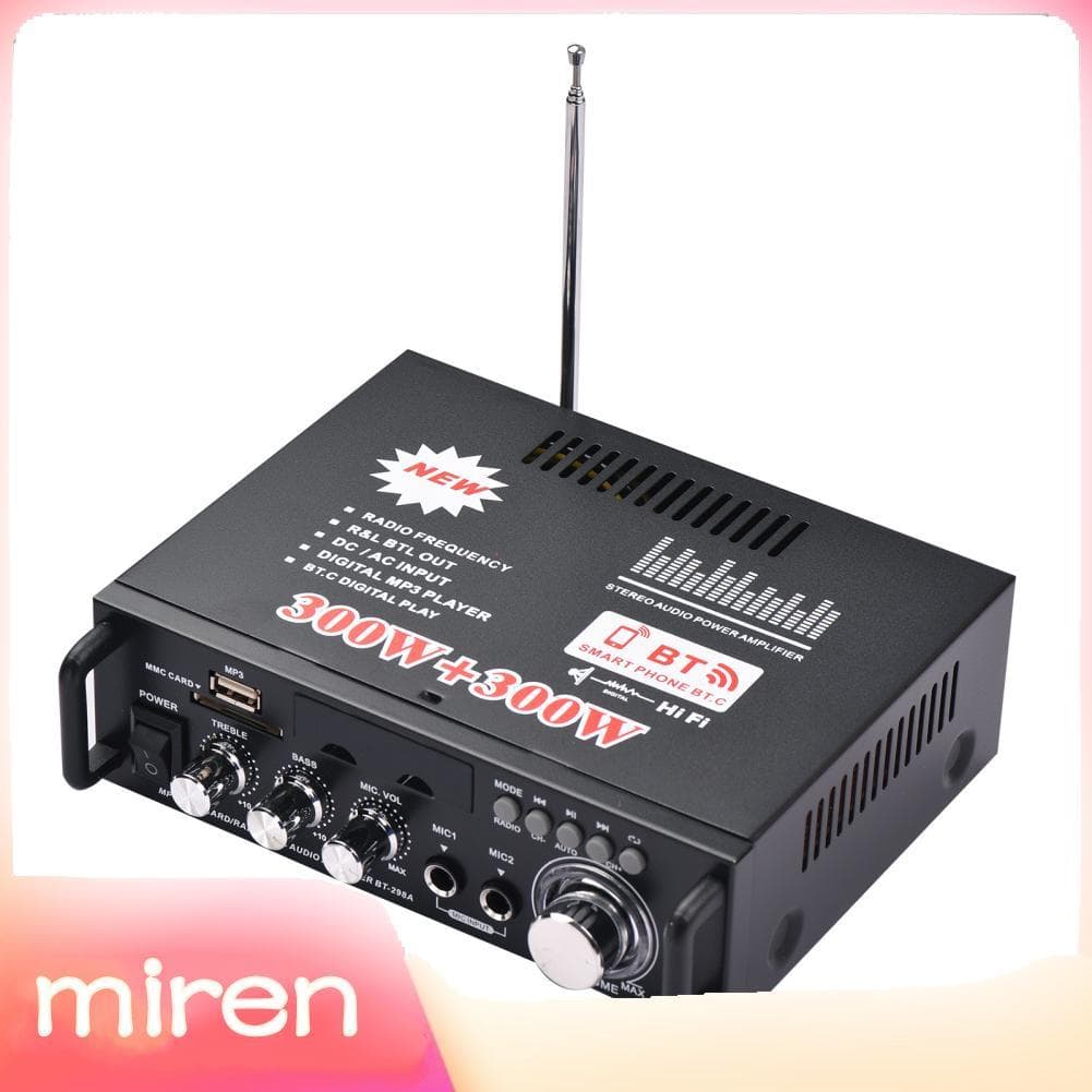 Miren.br Mini amplificador de potência HiFi BT Receptor de áudio digital 300W + 300W com display LCD Controle Remoto