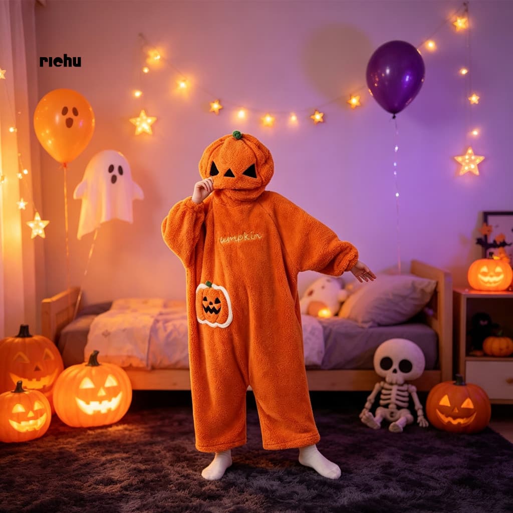Richu * Loungewear De Abóbora , Pijama De Lã Fofo Para O Halloween Pelúcia Quente Com Capuz , Design Solto Relaxar Em Ca