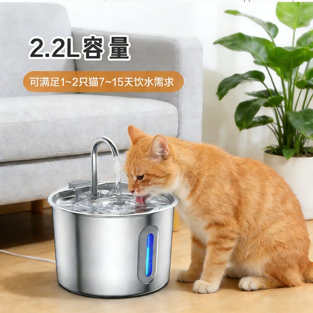 Dispensador de água para animais de estimação transfronteiriço, novo estilo, 2.2L, aço inoxidável 304, com fluxo automát