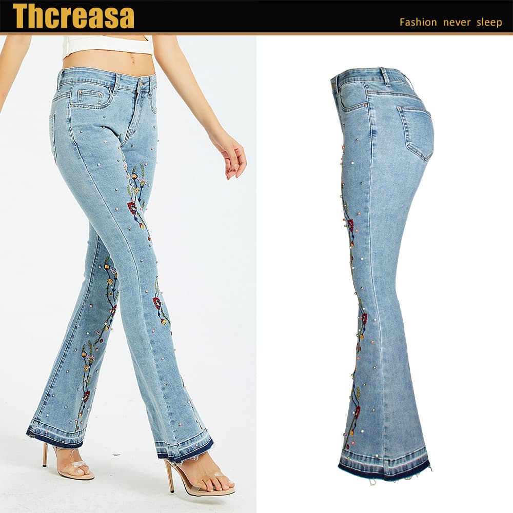 [Novo produto] Calças Jeans femininas de pernas largas bordadas Jeans largas calças femininas [venda quente]