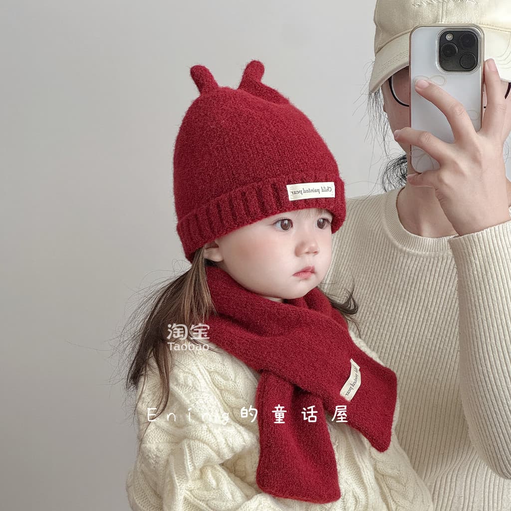 Gorro de lã tricotado estilo coreano para crianças, gorro vermelho com proteção para as orelhas, conjunto de gorro e cac