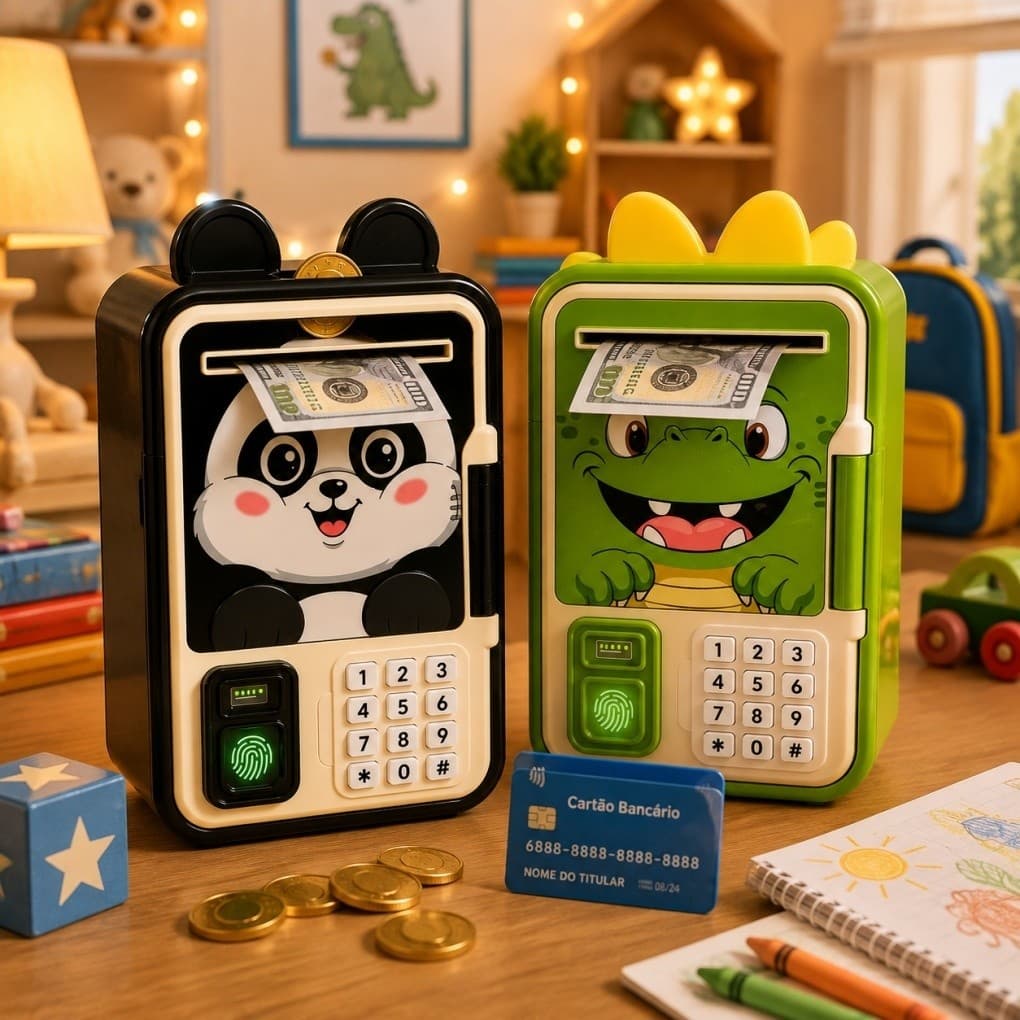 Cofrinho Eletrônico Infantil Digital | Puxa Notas Automático, Senha, Impressão Digital, Cartão e Música