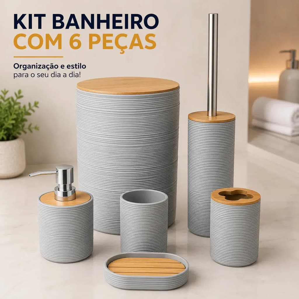 Kit Banheiro Lavabo Completo Luxo Bambu 6 Peças