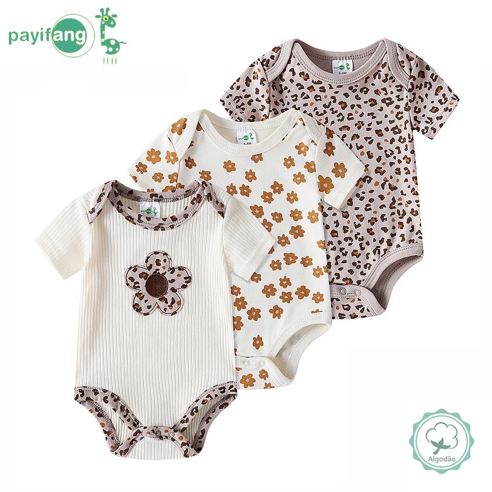 Body Bebê Feminino Kit 3 Peças Flores e Animal Print Confortável