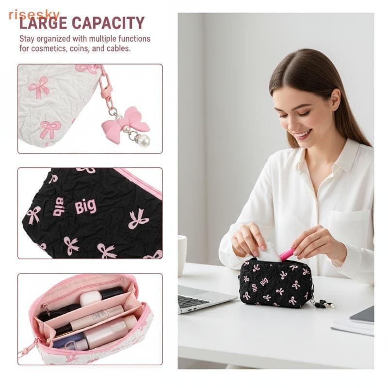 [risesky] Bolsa Feminina De Maquiagem Com Laço , Tecido Fofo , De Cosméticos , Organizador Para Fones De Ouvido Lipsti ,
