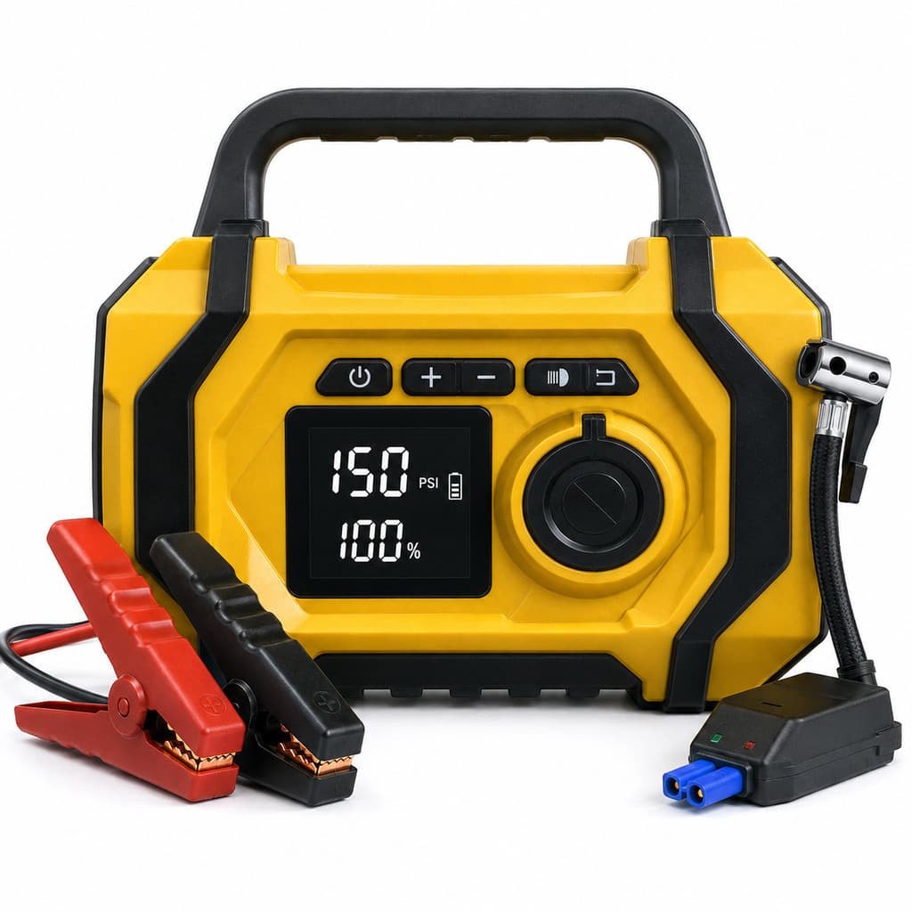 Auxiliar de Partida para Carro Power Bank 150PSI com Compressor de Ar Portátil 12V Lanterna LED e USB